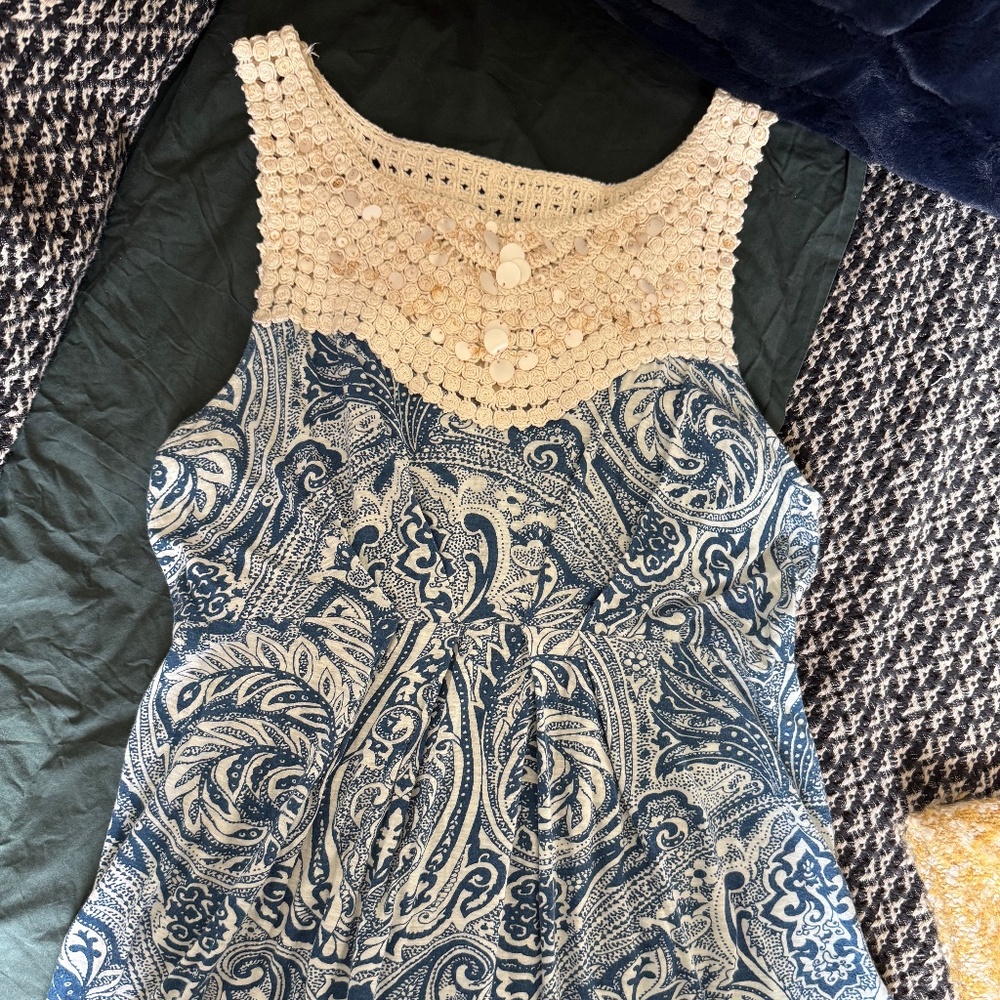 Anthropologie Blue Crocheted Trim Sleeveless Blouse - Delete - Picture 2 of 4